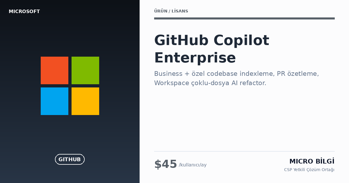 GitHub Copilot Enterprise Fiyat $39/ay | Büyük Ekip Kod AI 2026 | Micro ...